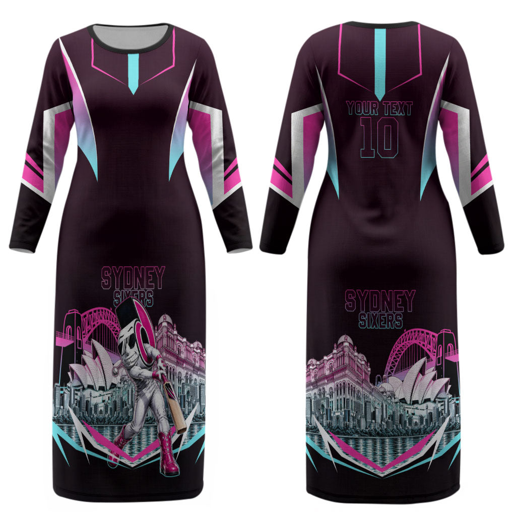 Personalised Sydney Sixers Cricket Mascot Skyline Couples Matching Long Sleeve Bodycon Dress and Long Sleeve Button Shirt Retro Neon Graphic Fan Art