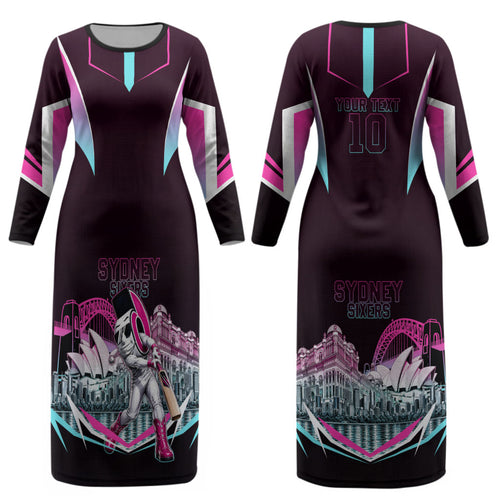 Personalised Sydney Sixers Cricket Mascot Skyline Couples Matching Long Sleeve Bodycon Dress and Long Sleeve Button Shirt Retro Neon Graphic Fan Art
