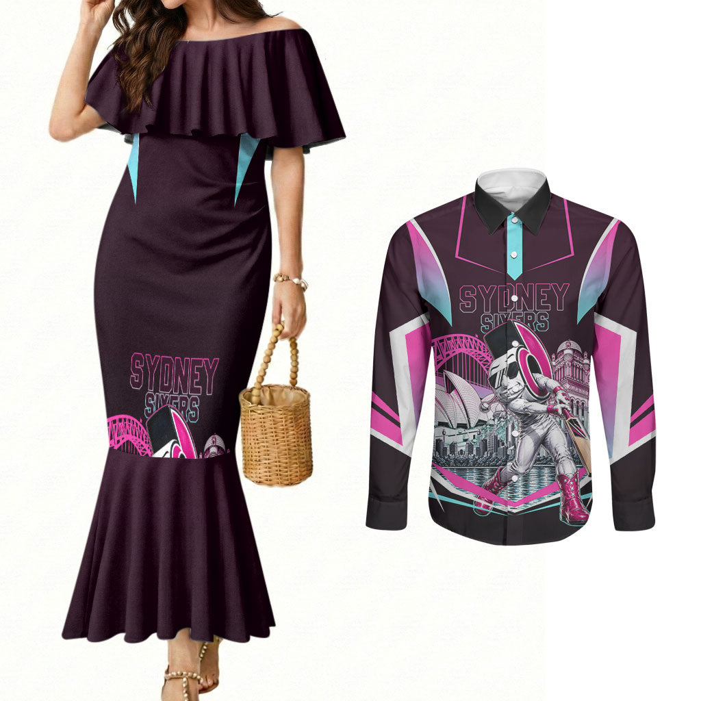 Personalised Sydney Sixers Cricket Mascot Skyline Couples Matching Mermaid Dress and Long Sleeve Button Shirt Retro Neon Graphic Fan Art