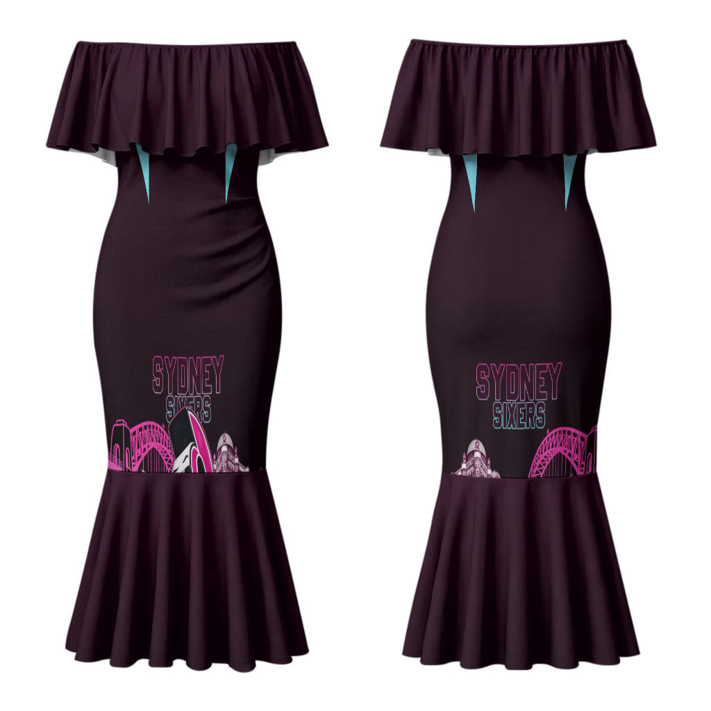 Personalised Sydney Sixers Cricket Mascot Skyline Couples Matching Mermaid Dress and Long Sleeve Button Shirt Retro Neon Graphic Fan Art