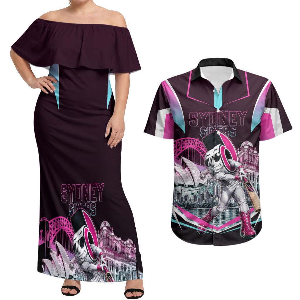 Personalised Sydney Sixers Cricket Mascot Skyline Couples Matching Off Shoulder Maxi Dress and Hawaiian Shirt Retro Neon Graphic Fan Art