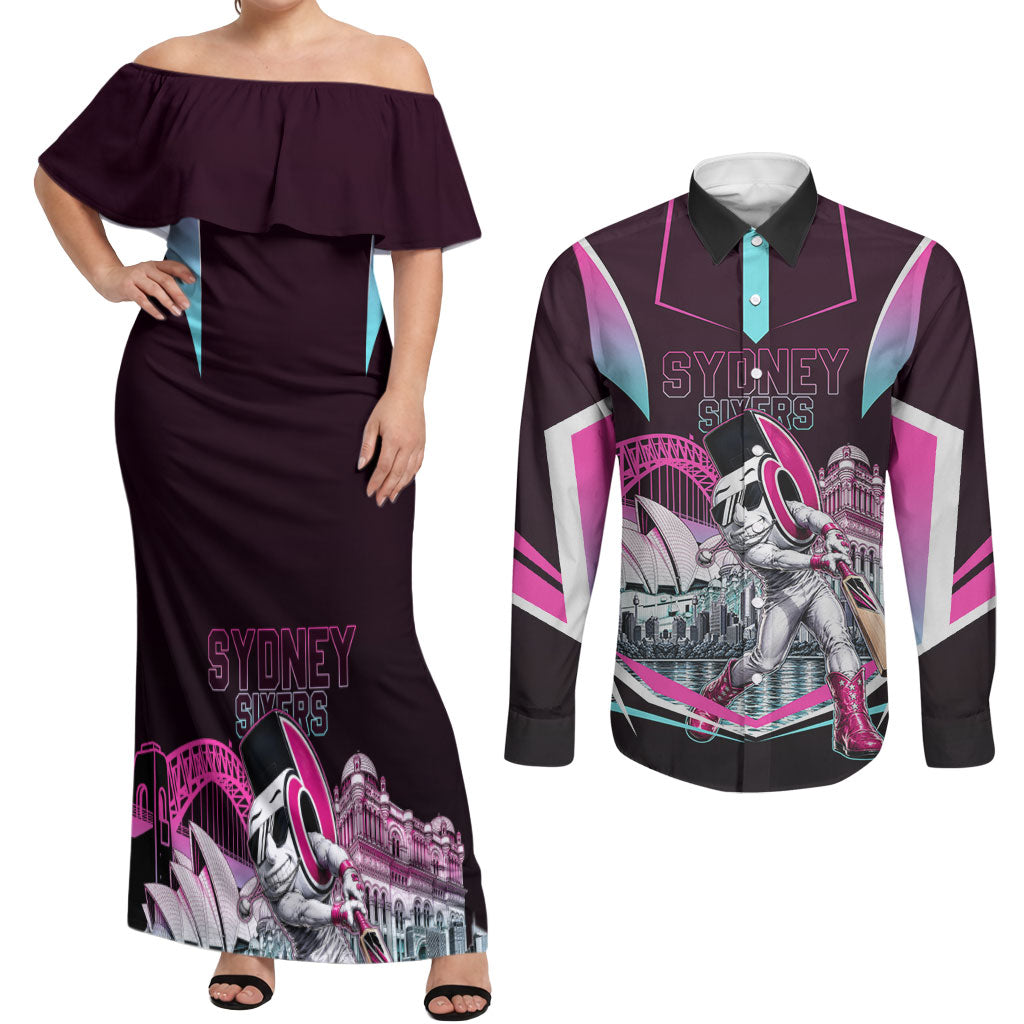 Personalised Sydney Sixers Cricket Mascot Skyline Couples Matching Off Shoulder Maxi Dress and Long Sleeve Button Shirt Retro Neon Graphic Fan Art