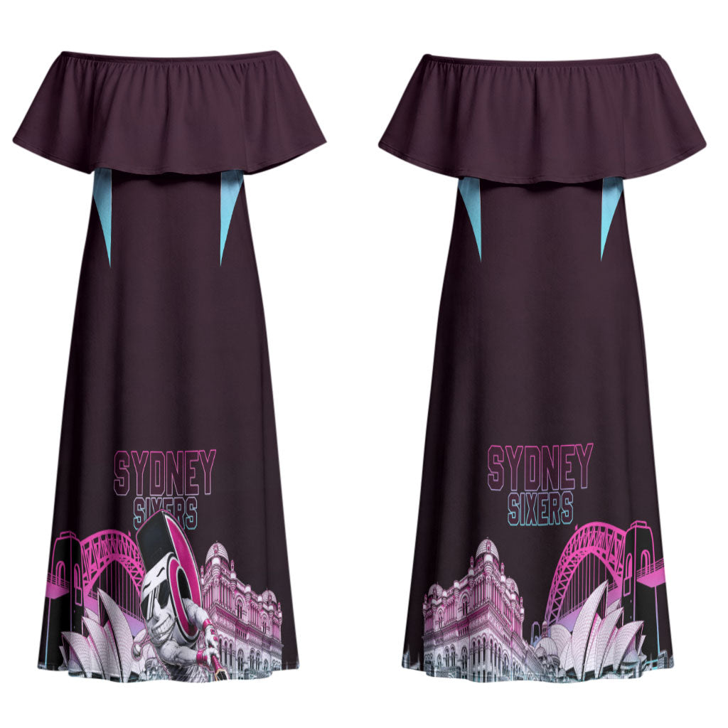 Personalised Sydney Sixers Cricket Mascot Skyline Couples Matching Off Shoulder Maxi Dress and Long Sleeve Button Shirt Retro Neon Graphic Fan Art