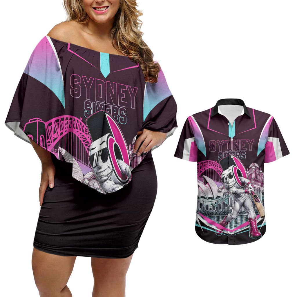 Personalised Sydney Sixers Cricket Mascot Skyline Couples Matching Off Shoulder Short Dress and Hawaiian Shirt Retro Neon Graphic Fan Art