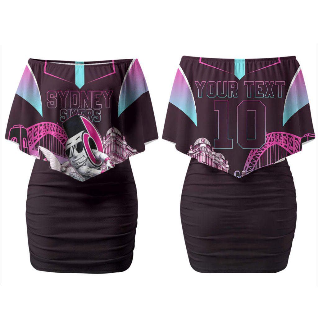 Personalised Sydney Sixers Cricket Mascot Skyline Couples Matching Off Shoulder Short Dress and Hawaiian Shirt Retro Neon Graphic Fan Art