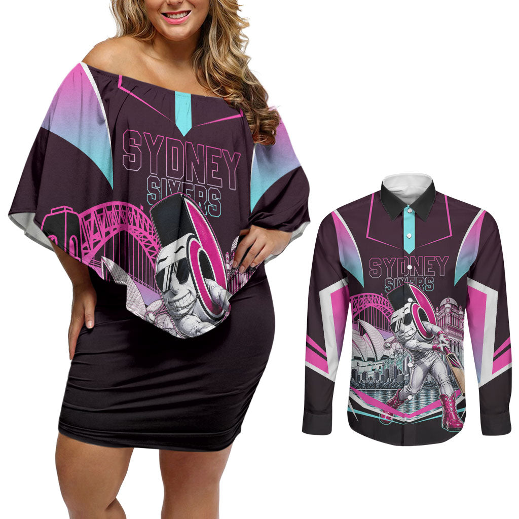 Personalised Sydney Sixers Cricket Mascot Skyline Couples Matching Off Shoulder Short Dress and Long Sleeve Button Shirt Retro Neon Graphic Fan Art