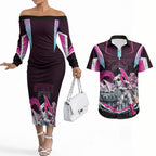 Personalised Sydney Sixers Cricket Mascot Skyline Couples Matching Off The Shoulder Long Sleeve Dress and Hawaiian Shirt Retro Neon Graphic Fan Art
