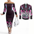 Personalised Sydney Sixers Cricket Mascot Skyline Couples Matching Off The Shoulder Long Sleeve Dress and Long Sleeve Button Shirt Retro Neon Graphic Fan Art