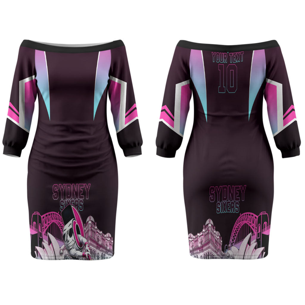 Personalised Sydney Sixers Cricket Mascot Skyline Couples Matching Off The Shoulder Long Sleeve Dress and Long Sleeve Button Shirt Retro Neon Graphic Fan Art