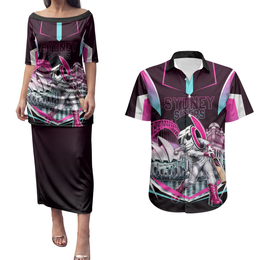 Personalised Sydney Sixers Cricket Mascot Skyline Couples Matching Puletasi and Hawaiian Shirt Retro Neon Graphic Fan Art