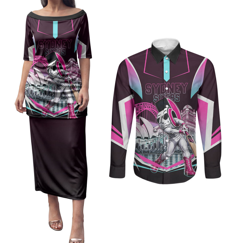 Personalised Sydney Sixers Cricket Mascot Skyline Couples Matching Puletasi and Long Sleeve Button Shirt Retro Neon Graphic Fan Art