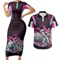 Personalised Sydney Sixers Cricket Mascot Skyline Couples Matching Short Sleeve Bodycon Dress and Hawaiian Shirt Retro Neon Graphic Fan Art