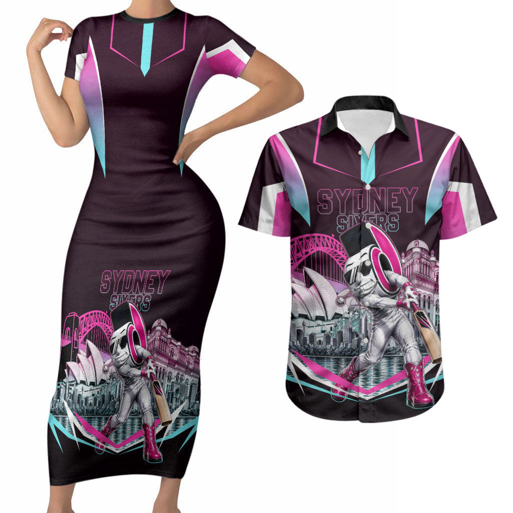 Personalised Sydney Sixers Cricket Mascot Skyline Couples Matching Short Sleeve Bodycon Dress and Hawaiian Shirt Retro Neon Graphic Fan Art