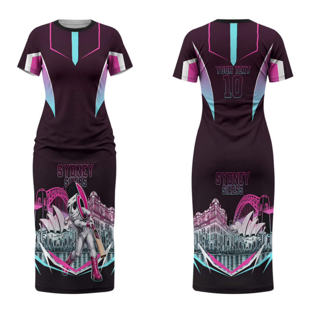 Personalised Sydney Sixers Cricket Mascot Skyline Couples Matching Short Sleeve Bodycon Dress and Hawaiian Shirt Retro Neon Graphic Fan Art