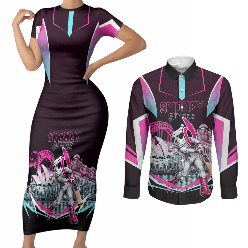 Personalised Sydney Sixers Cricket Mascot Skyline Couples Matching Short Sleeve Bodycon Dress and Long Sleeve Button Shirt Retro Neon Graphic Fan Art