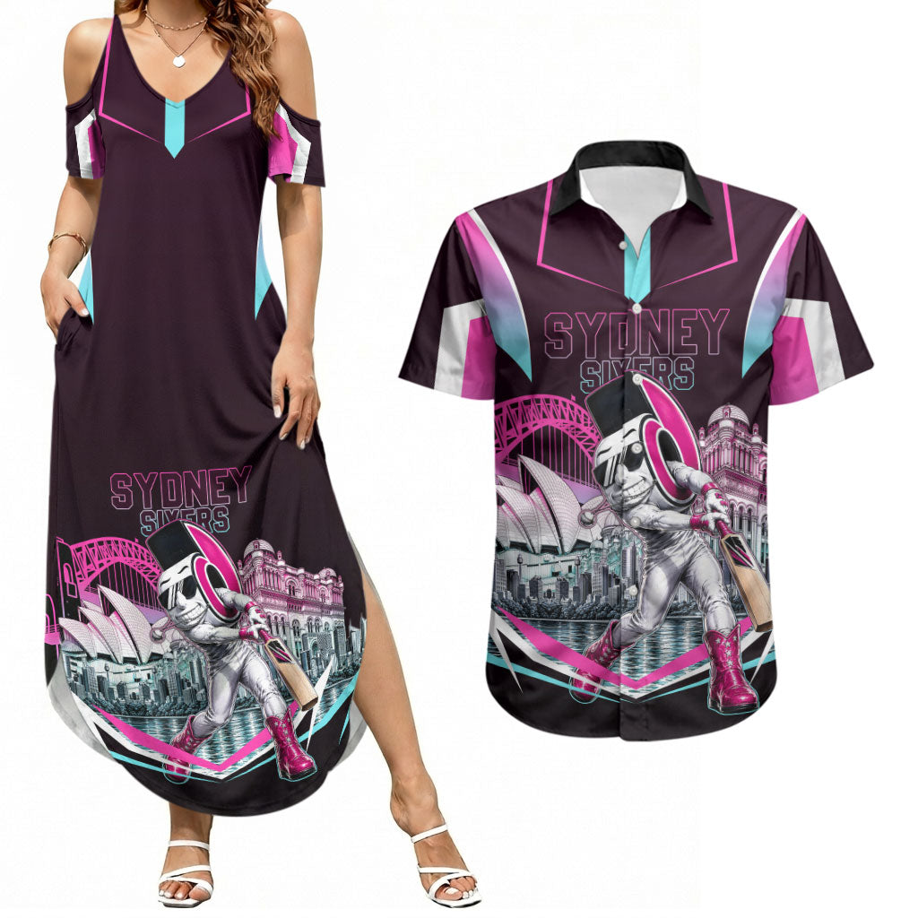Personalised Sydney Sixers Cricket Mascot Skyline Couples Matching Summer Maxi Dress and Hawaiian Shirt Retro Neon Graphic Fan Art