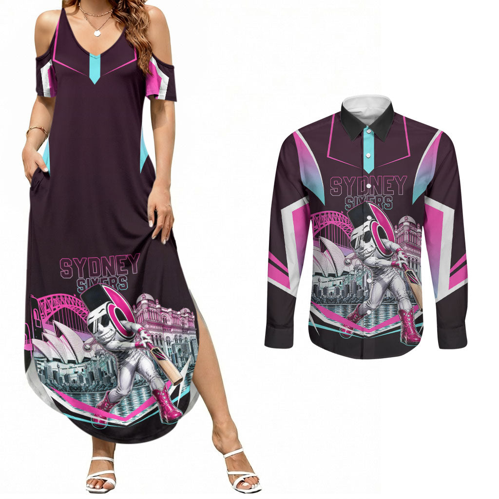 Personalised Sydney Sixers Cricket Mascot Skyline Couples Matching Summer Maxi Dress and Long Sleeve Button Shirt Retro Neon Graphic Fan Art