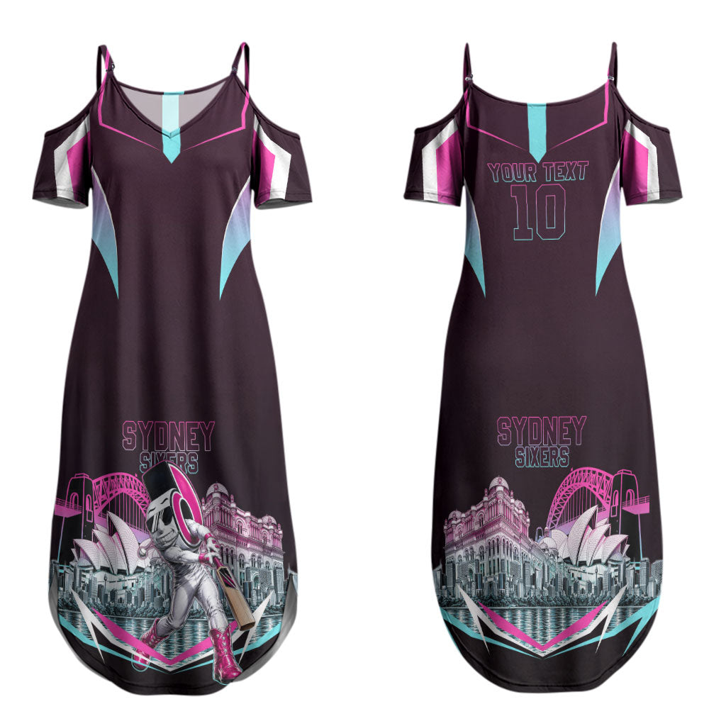 Personalised Sydney Sixers Cricket Mascot Skyline Couples Matching Summer Maxi Dress and Long Sleeve Button Shirt Retro Neon Graphic Fan Art