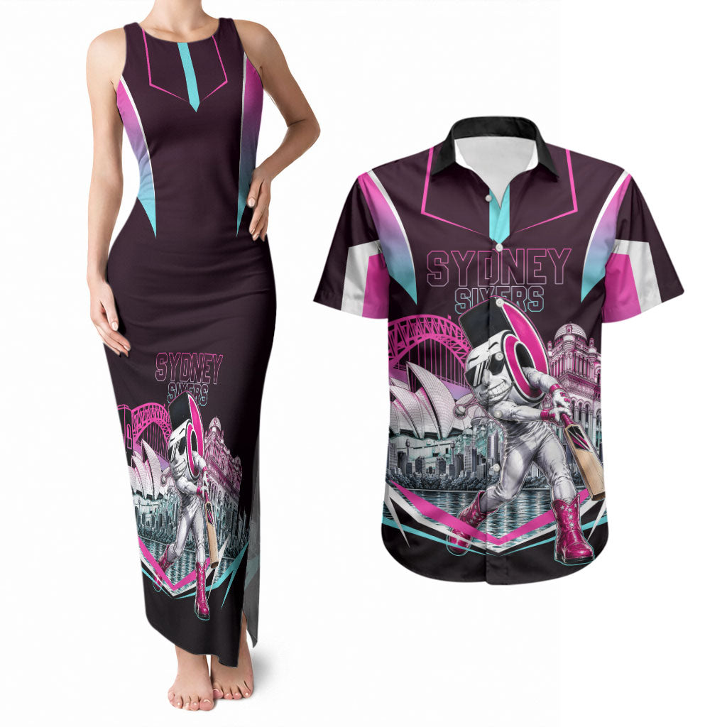 Personalised Sydney Sixers Cricket Mascot Skyline Couples Matching Tank Maxi Dress and Hawaiian Shirt Retro Neon Graphic Fan Art