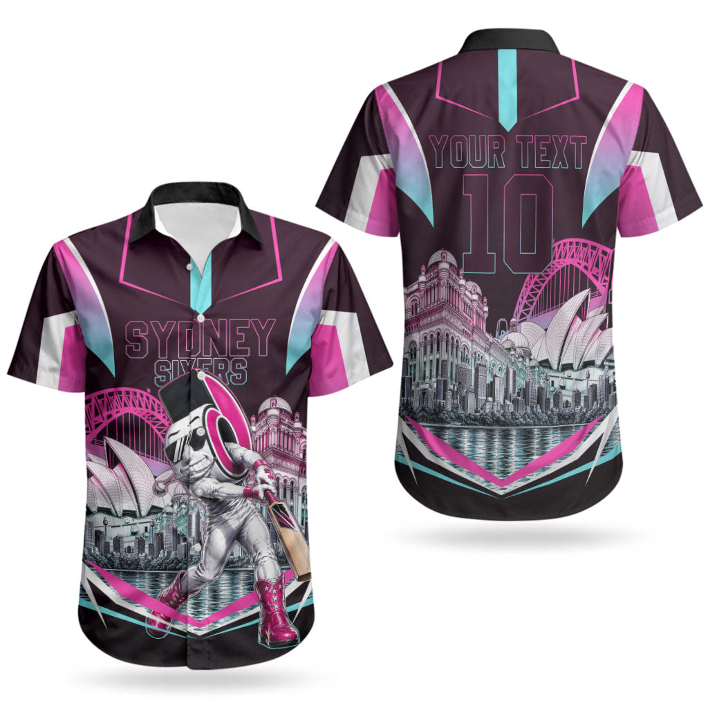 Personalised Sydney Sixers Cricket Mascot Skyline Couples Matching Tank Maxi Dress and Hawaiian Shirt Retro Neon Graphic Fan Art