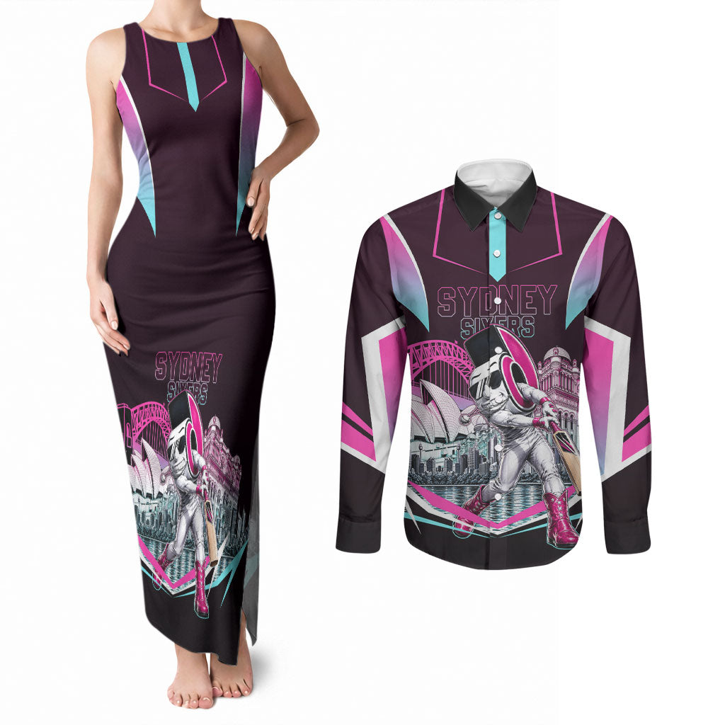 Personalised Sydney Sixers Cricket Mascot Skyline Couples Matching Tank Maxi Dress and Long Sleeve Button Shirt Retro Neon Graphic Fan Art