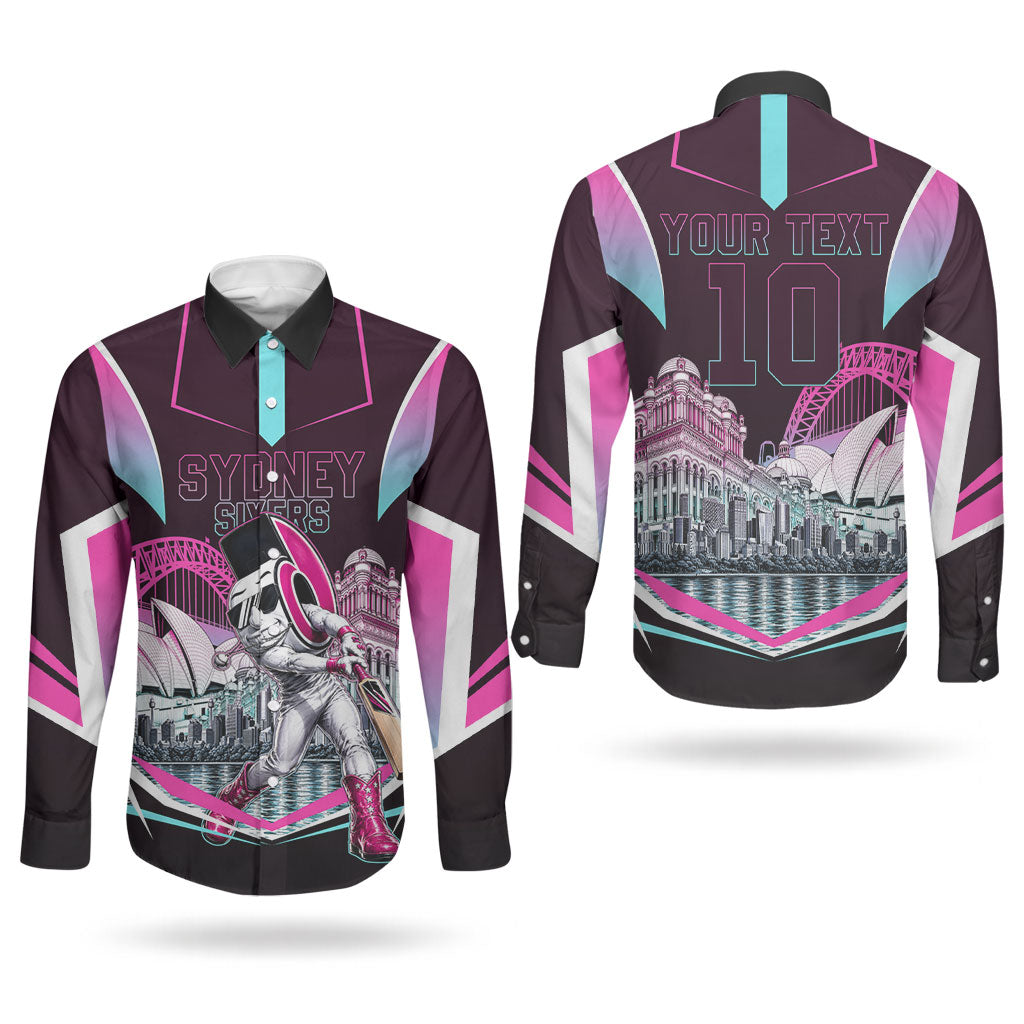 Personalised Sydney Sixers Cricket Mascot Skyline Couples Matching Tank Maxi Dress and Long Sleeve Button Shirt Retro Neon Graphic Fan Art