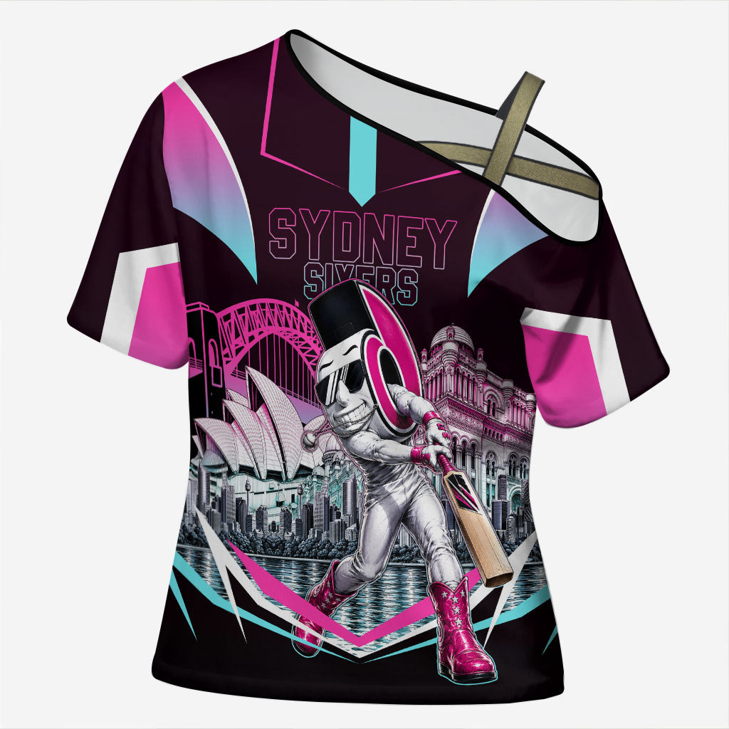Personalised Sydney Sixers Cricket Mascot Skyline Cross Shoulder Shirt Retro Neon Graphic Fan Art