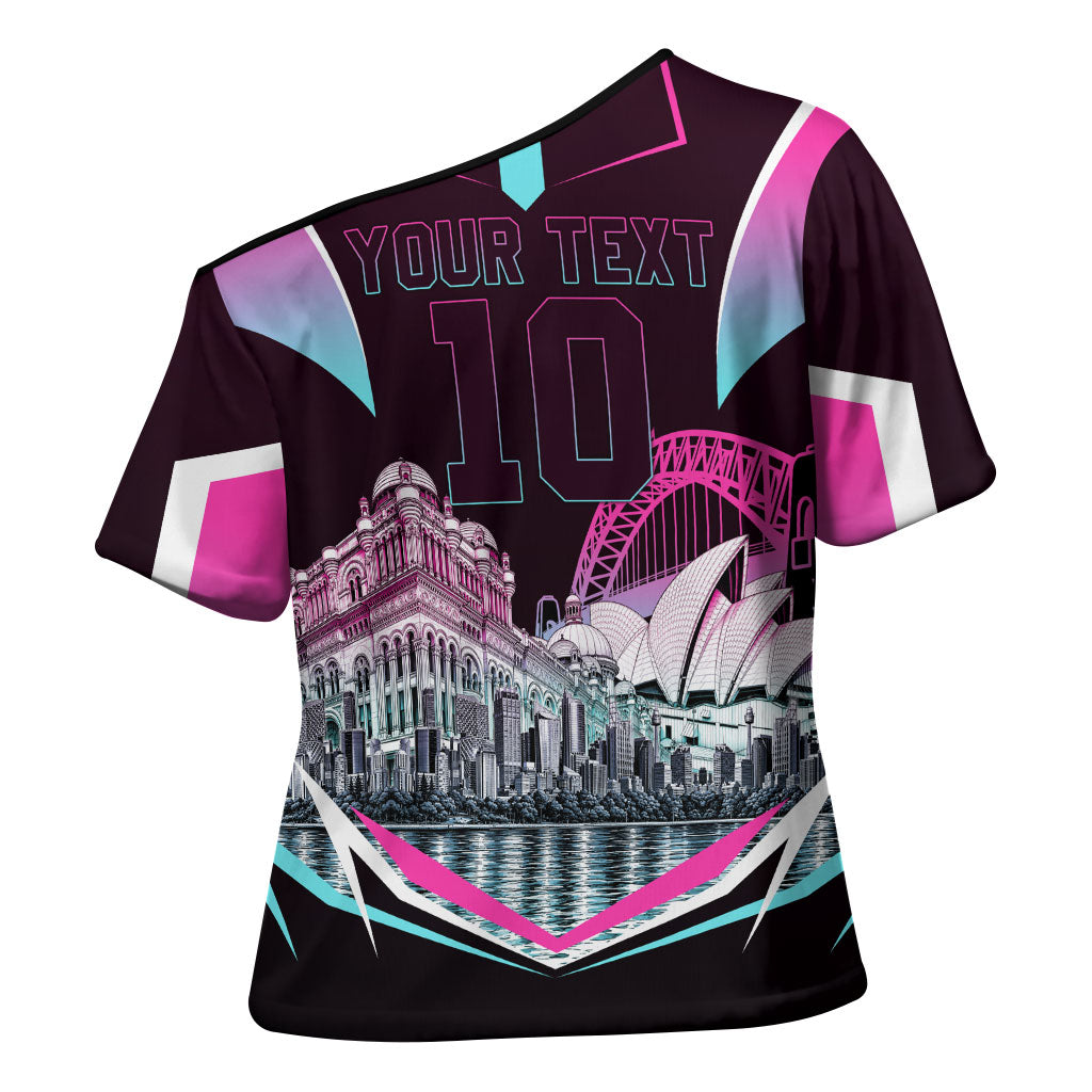 Personalised Sydney Sixers Cricket Mascot Skyline Cross Shoulder Shirt Retro Neon Graphic Fan Art
