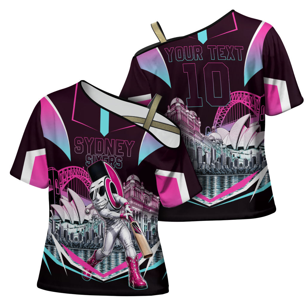 Personalised Sydney Sixers Cricket Mascot Skyline Cross Shoulder Shirt Retro Neon Graphic Fan Art
