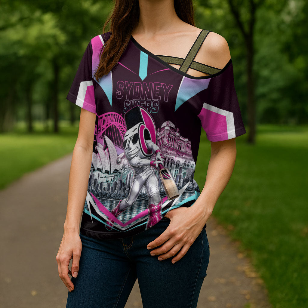 Personalised Sydney Sixers Cricket Mascot Skyline Cross Shoulder Shirt Retro Neon Graphic Fan Art