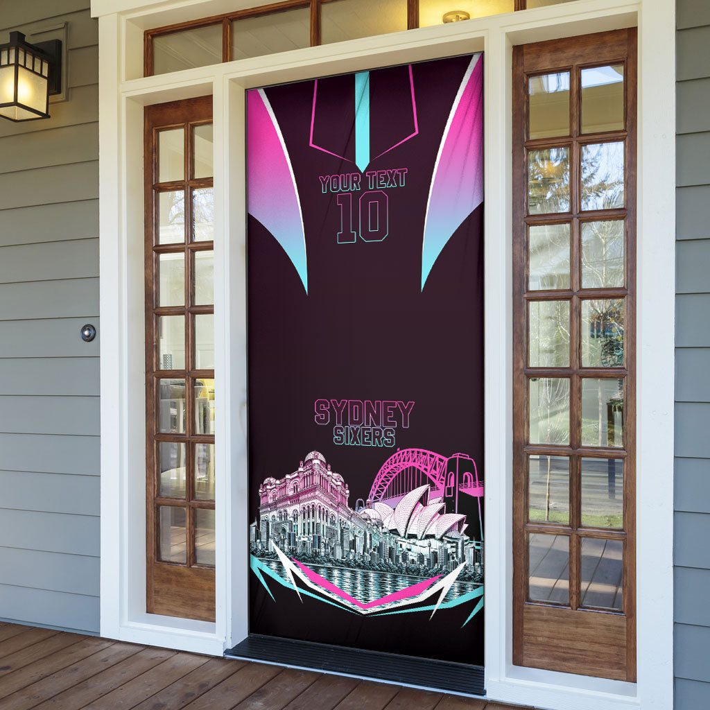 Personalised Sydney Sixers Cricket Mascot Skyline Door Cover Retro Neon Graphic Fan Art
