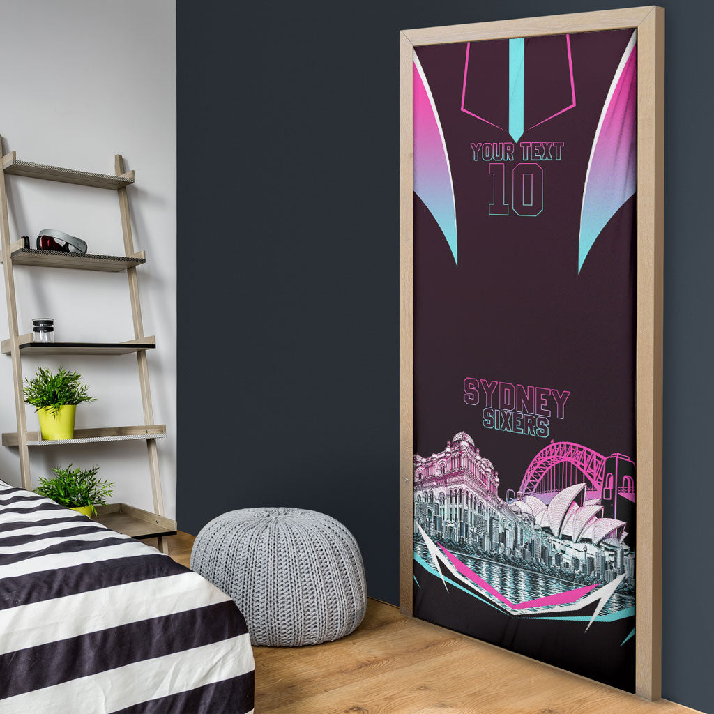 Personalised Sydney Sixers Cricket Mascot Skyline Door Cover Retro Neon Graphic Fan Art