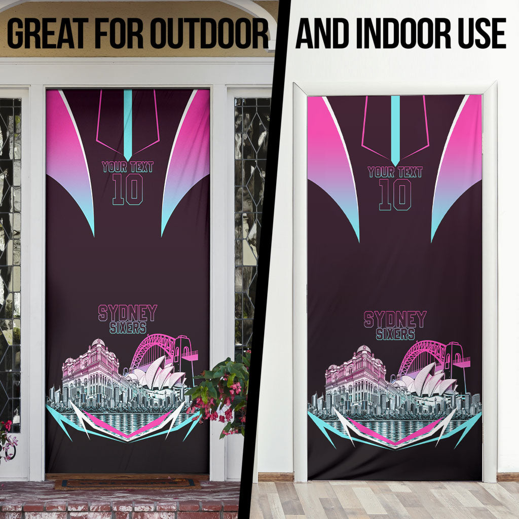 Personalised Sydney Sixers Cricket Mascot Skyline Door Cover Retro Neon Graphic Fan Art
