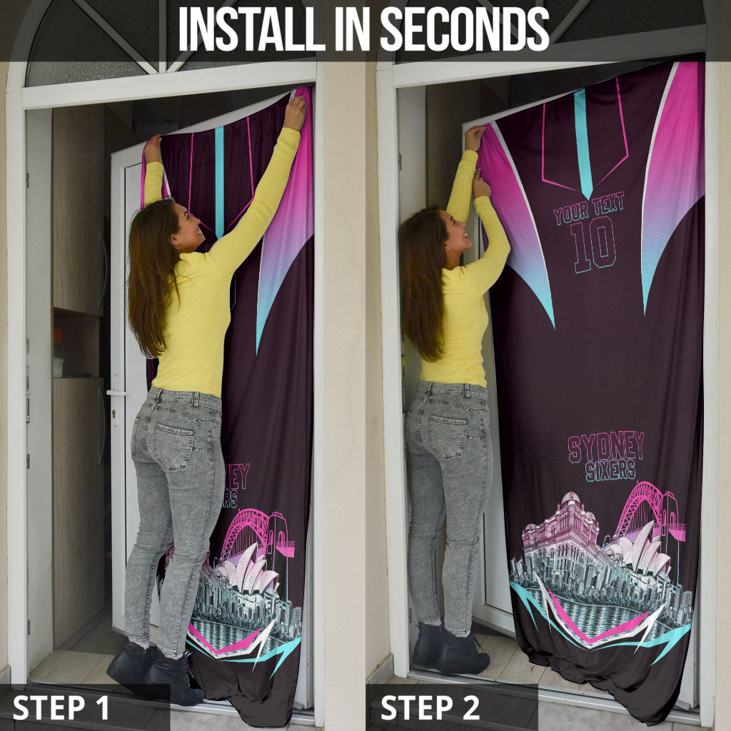 Personalised Sydney Sixers Cricket Mascot Skyline Door Cover Retro Neon Graphic Fan Art