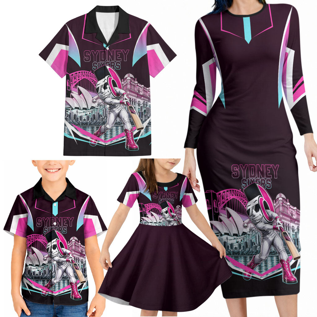 Personalised Sydney Sixers Cricket Mascot Skyline Family Matching Long Sleeve Bodycon Dress and Hawaiian Shirt Retro Neon Graphic Fan Art