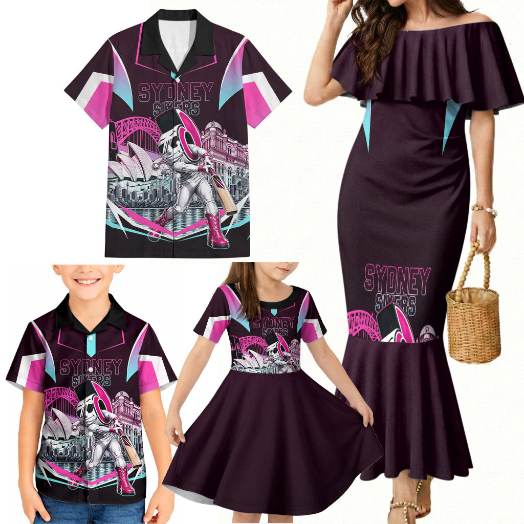 Personalised Sydney Sixers Cricket Mascot Skyline Family Matching Mermaid Dress and Hawaiian Shirt Retro Neon Graphic Fan Art