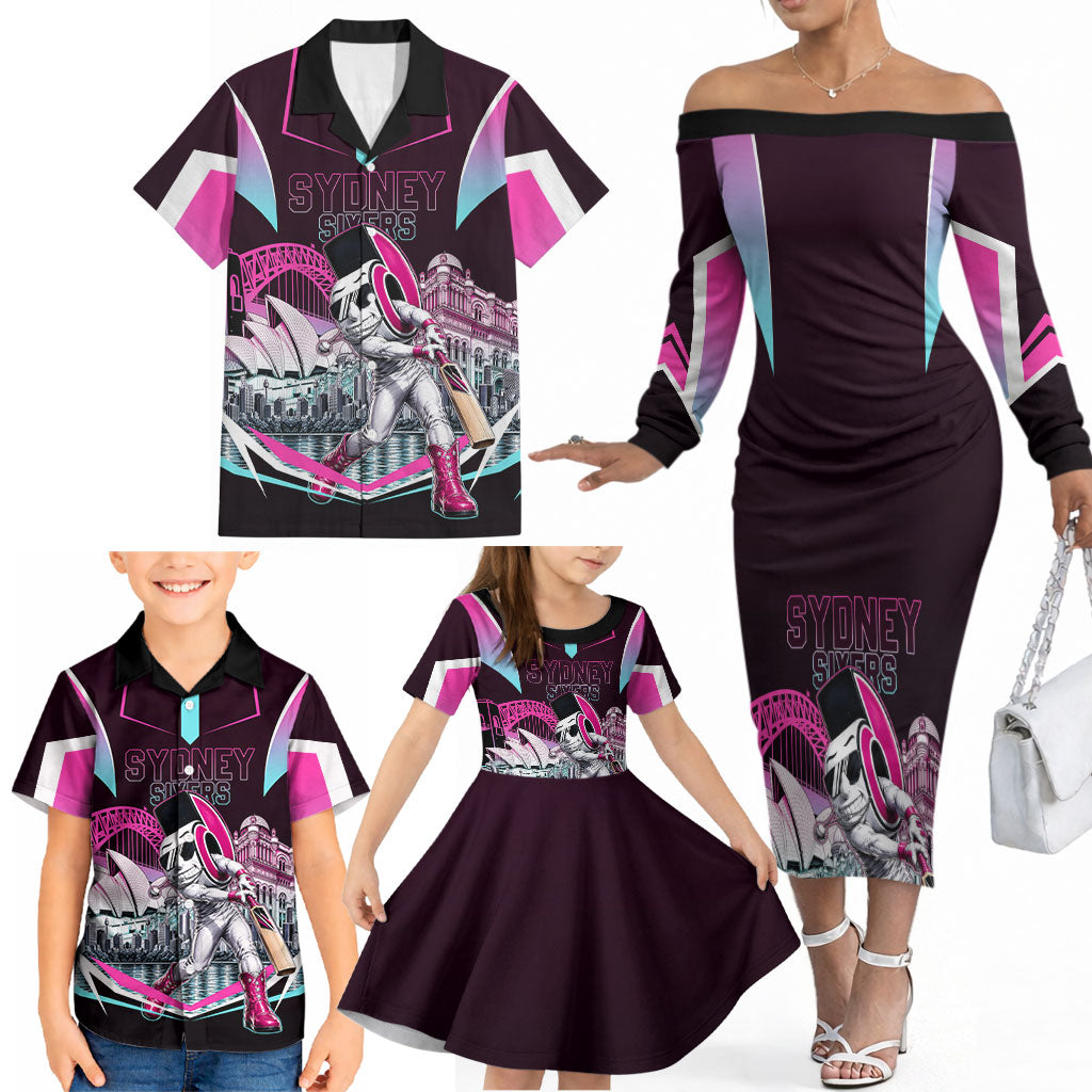 Personalised Sydney Sixers Cricket Mascot Skyline Family Matching Off The Shoulder Long Sleeve Dress and Hawaiian Shirt Retro Neon Graphic Fan Art