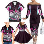 Personalised Sydney Sixers Cricket Mascot Skyline Family Matching Off The Shoulder Long Sleeve Dress and Hawaiian Shirt Retro Neon Graphic Fan Art
