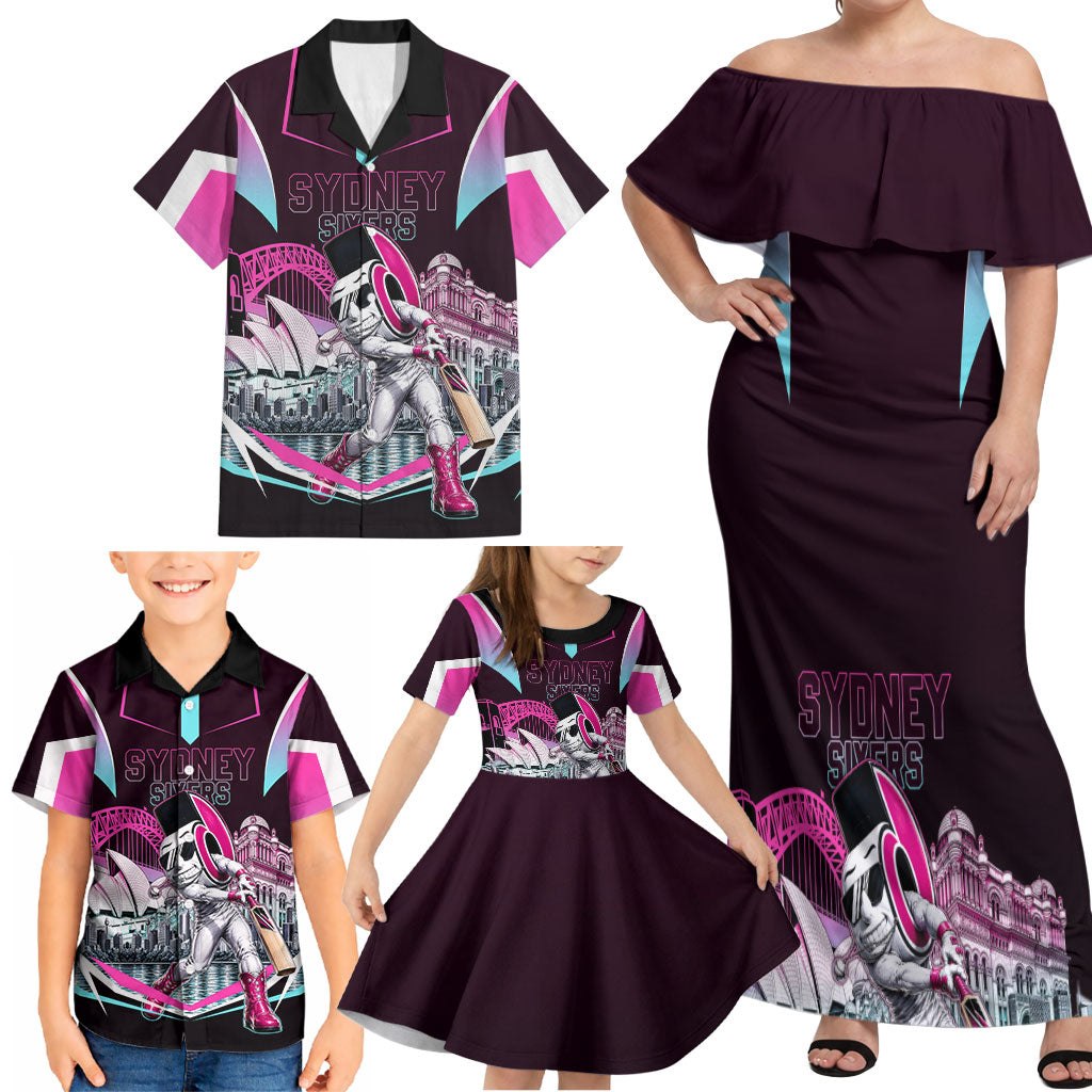 Personalised Sydney Sixers Cricket Mascot Skyline Family Matching Off Shoulder Maxi Dress and Hawaiian Shirt Retro Neon Graphic Fan Art