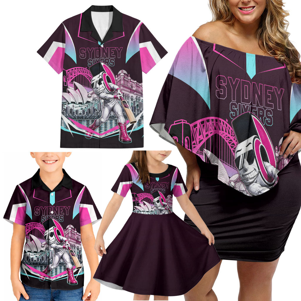 Personalised Sydney Sixers Cricket Mascot Skyline Family Matching Off Shoulder Short Dress and Hawaiian Shirt Retro Neon Graphic Fan Art