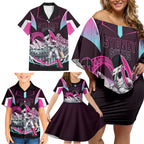 Personalised Sydney Sixers Cricket Mascot Skyline Family Matching Off Shoulder Short Dress and Hawaiian Shirt Retro Neon Graphic Fan Art