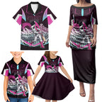 Personalised Sydney Sixers Cricket Mascot Skyline Family Matching Puletasi and Hawaiian Shirt Retro Neon Graphic Fan Art