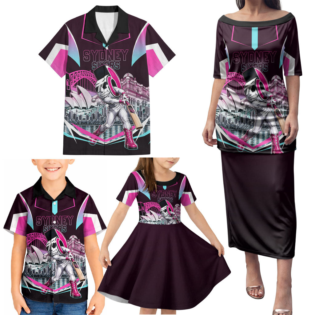Personalised Sydney Sixers Cricket Mascot Skyline Family Matching Puletasi and Hawaiian Shirt Retro Neon Graphic Fan Art