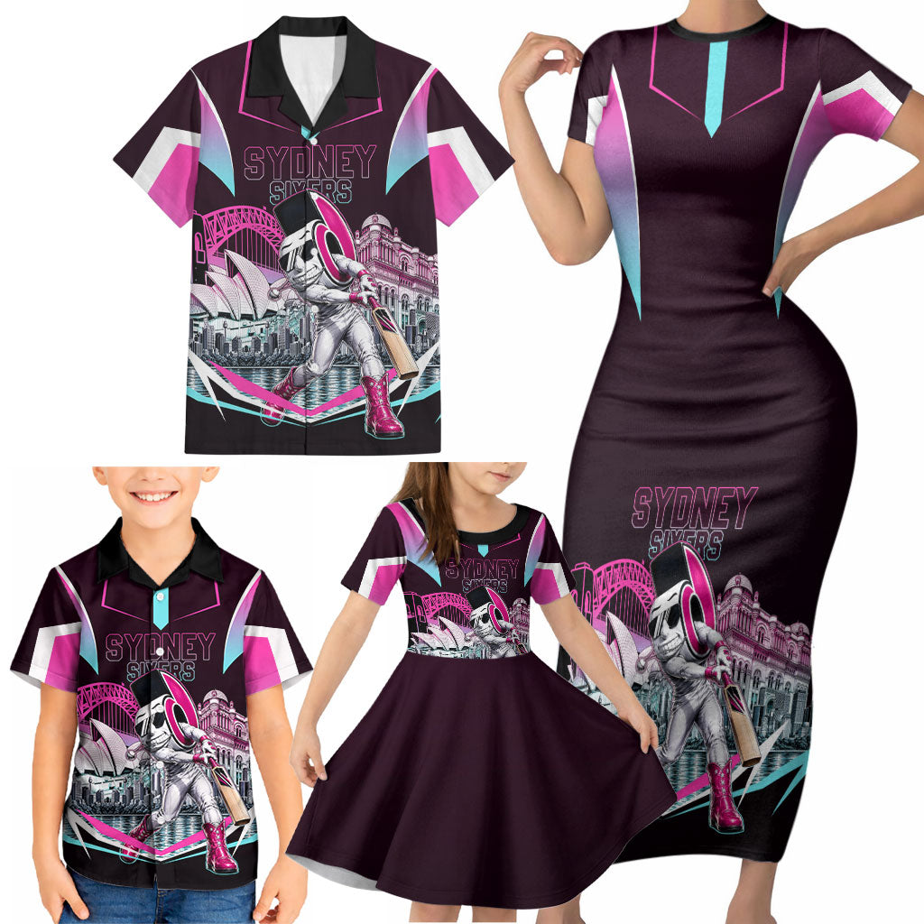 Personalised Sydney Sixers Cricket Mascot Skyline Family Matching Short Sleeve Bodycon Dress and Hawaiian Shirt Retro Neon Graphic Fan Art