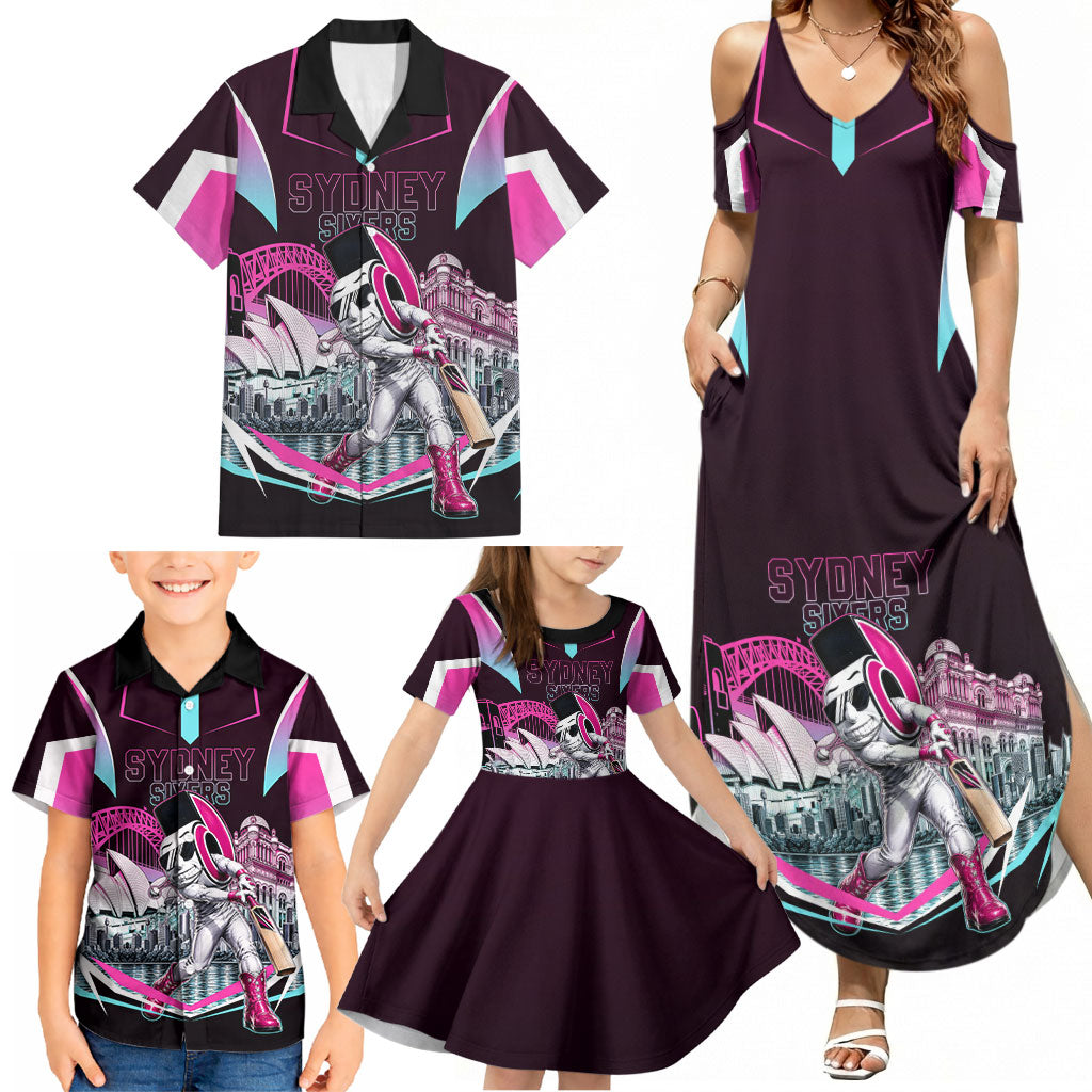 Personalised Sydney Sixers Cricket Mascot Skyline Family Matching Summer Maxi Dress and Hawaiian Shirt Retro Neon Graphic Fan Art