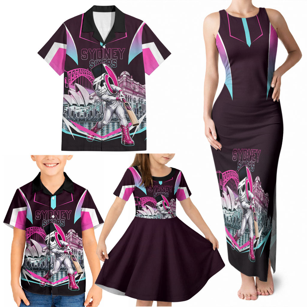 Personalised Sydney Sixers Cricket Mascot Skyline Family Matching Tank Maxi Dress and Hawaiian Shirt Retro Neon Graphic Fan Art