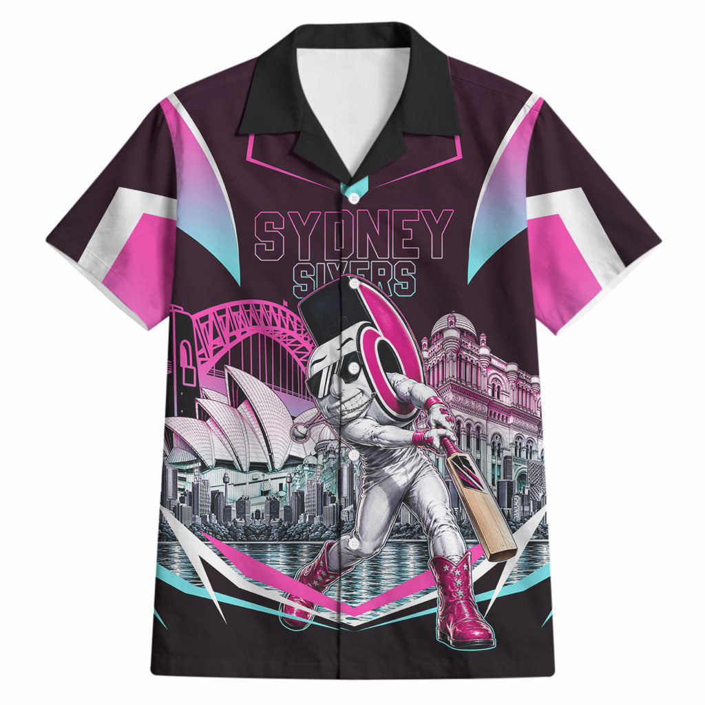 Personalised Sydney Sixers Cricket Mascot Skyline Hawaiian Shirt Retro Neon Graphic Fan Art