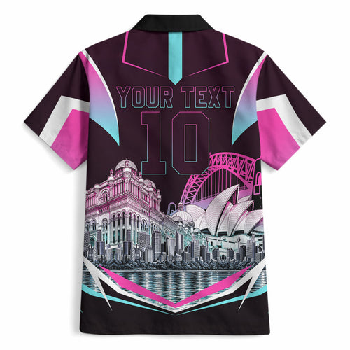 Personalised Sydney Sixers Cricket Mascot Skyline Hawaiian Shirt Retro Neon Graphic Fan Art