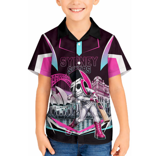 Personalised Sydney Sixers Cricket Mascot Skyline Hawaiian Shirt Retro Neon Graphic Fan Art