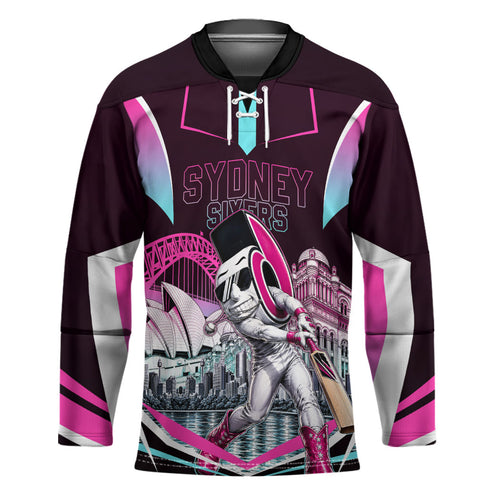 Personalised Sydney Sixers Cricket Mascot Skyline Hockey Jersey Retro Neon Graphic Fan Art